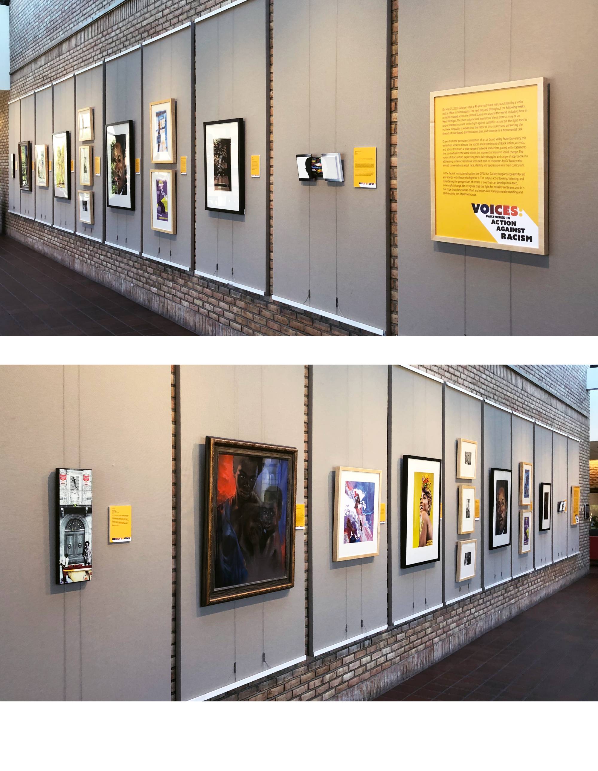 Two photographs of a wall with artworks hanging in a line